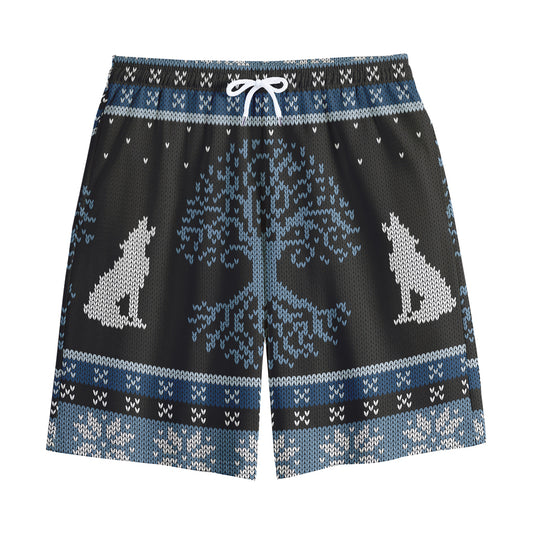Tree Of Life And Howling Wolves Print Cotton Shorts