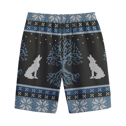 Tree Of Life And Howling Wolves Print Cotton Shorts