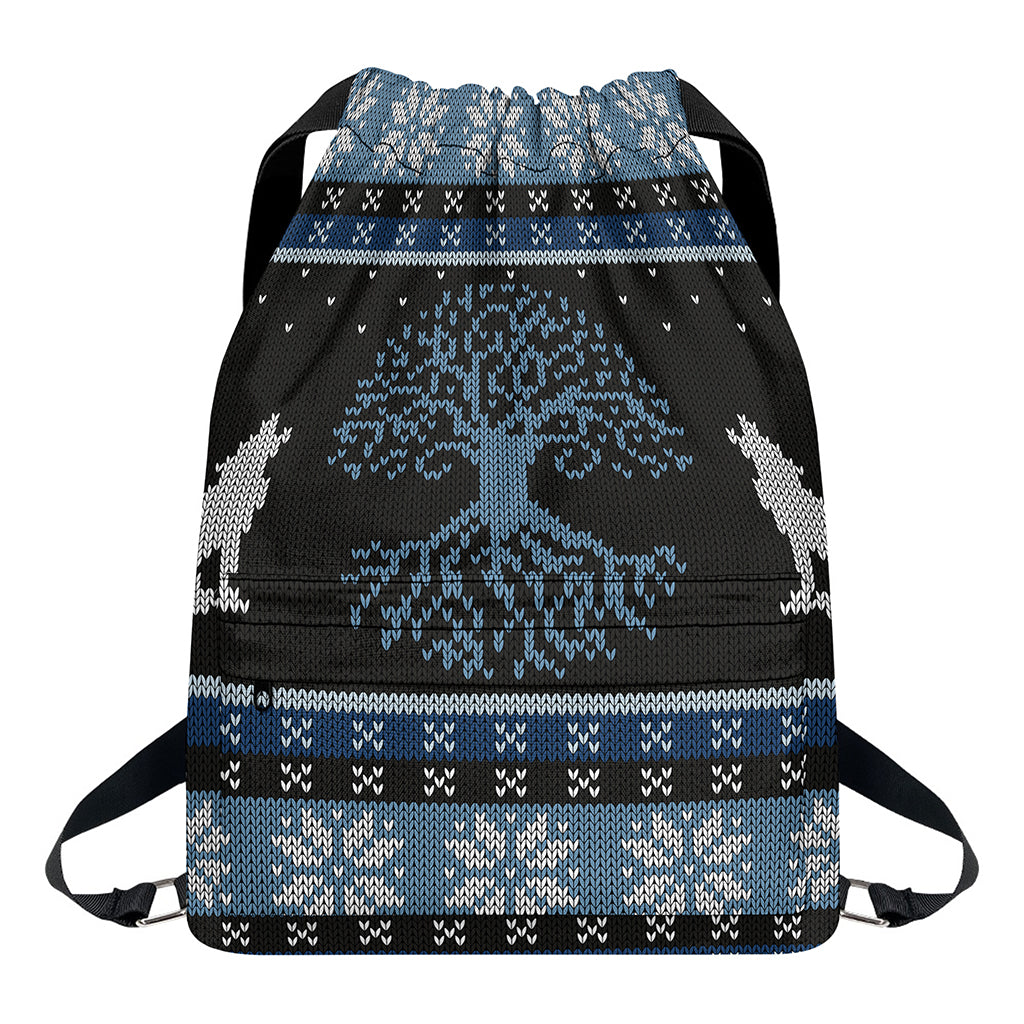 Tree Of Life And Howling Wolves Print Drawstring Backpack