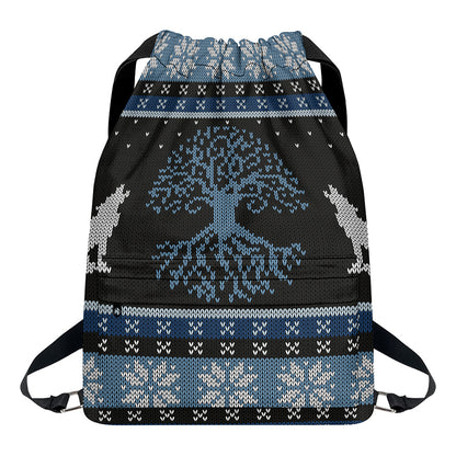 Tree Of Life And Howling Wolves Print Drawstring Backpack