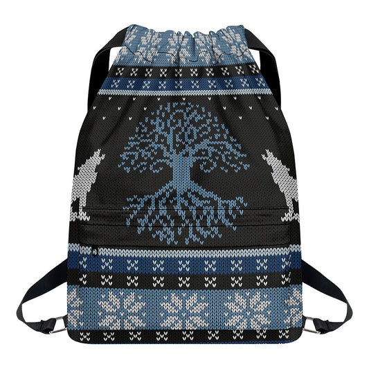 Tree Of Life And Howling Wolves Print Drawstring Backpack