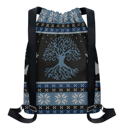 Tree Of Life And Howling Wolves Print Drawstring Backpack