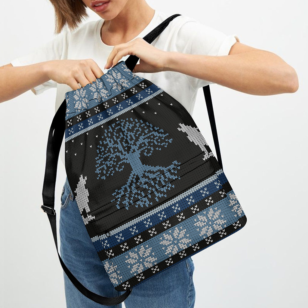 Tree Of Life And Howling Wolves Print Drawstring Backpack
