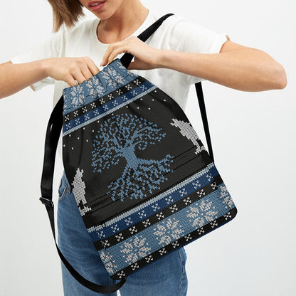 Tree Of Life And Howling Wolves Print Drawstring Backpack