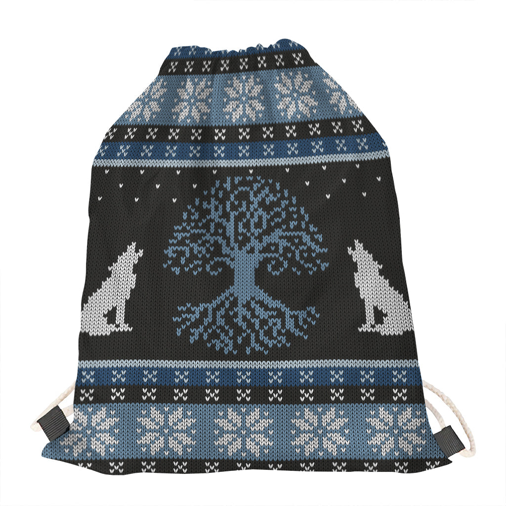 Tree Of Life And Howling Wolves Print Drawstring Bag