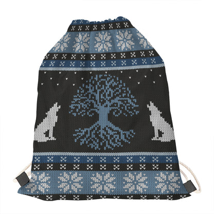 Tree Of Life And Howling Wolves Print Drawstring Bag