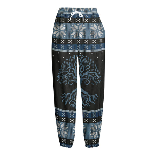 Tree Of Life And Howling Wolves Print Fleece Lined Knit Pants