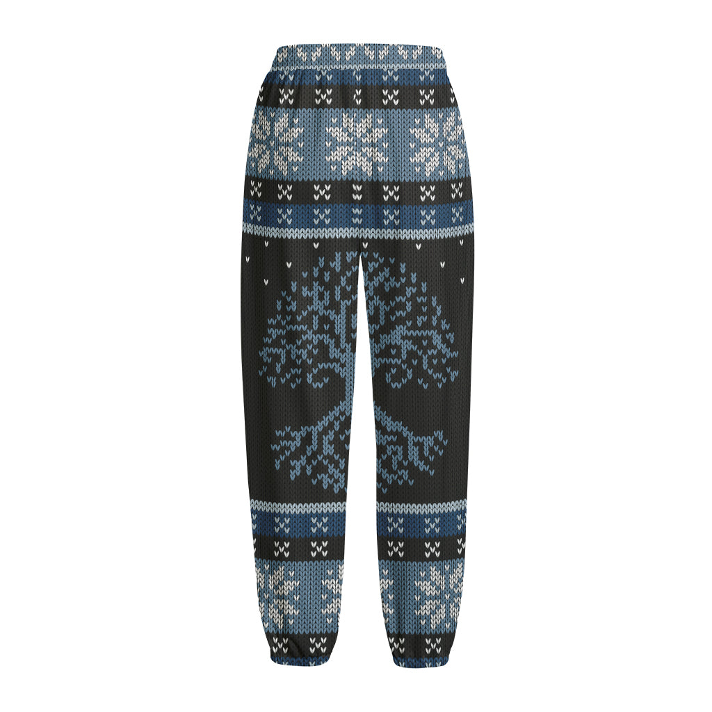 Tree Of Life And Howling Wolves Print Fleece Lined Knit Pants