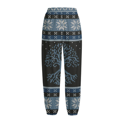 Tree Of Life And Howling Wolves Print Fleece Lined Knit Pants