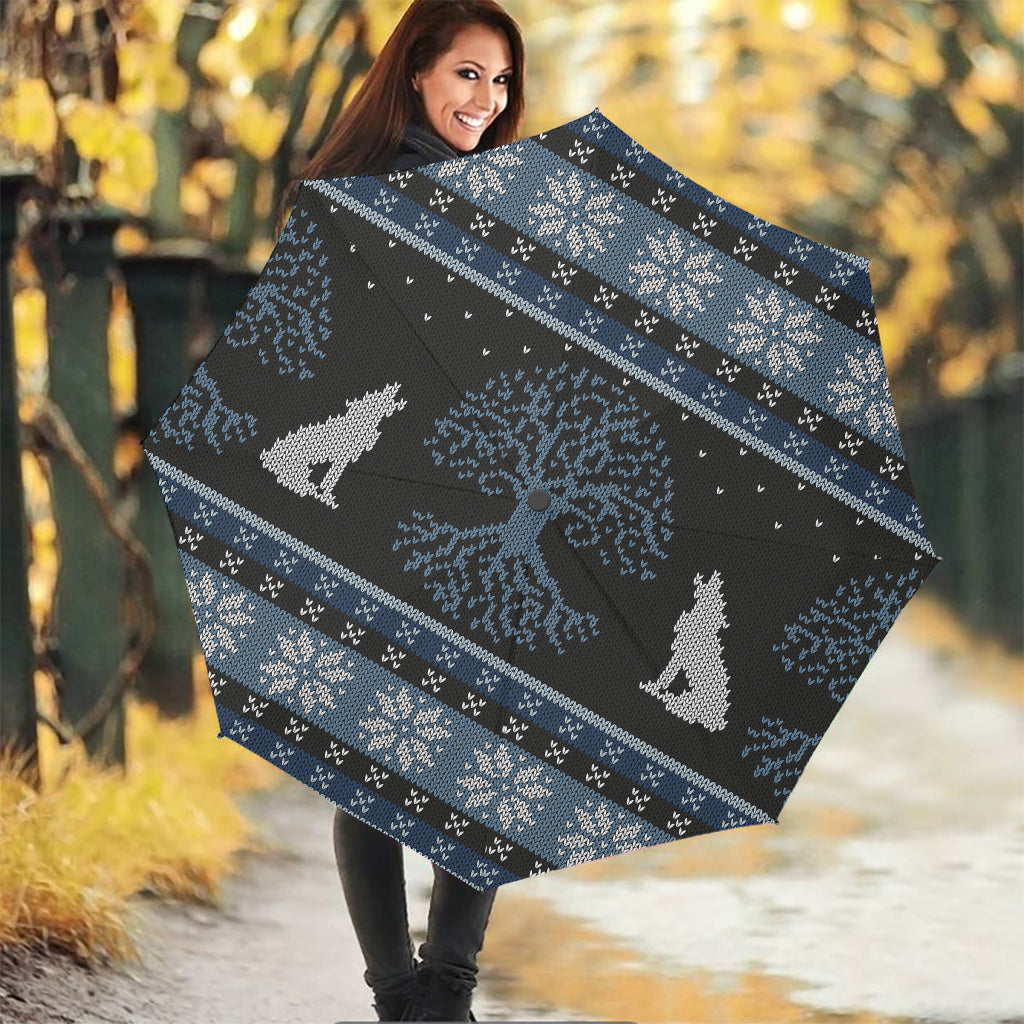 Tree Of Life And Howling Wolves Print Foldable Umbrella