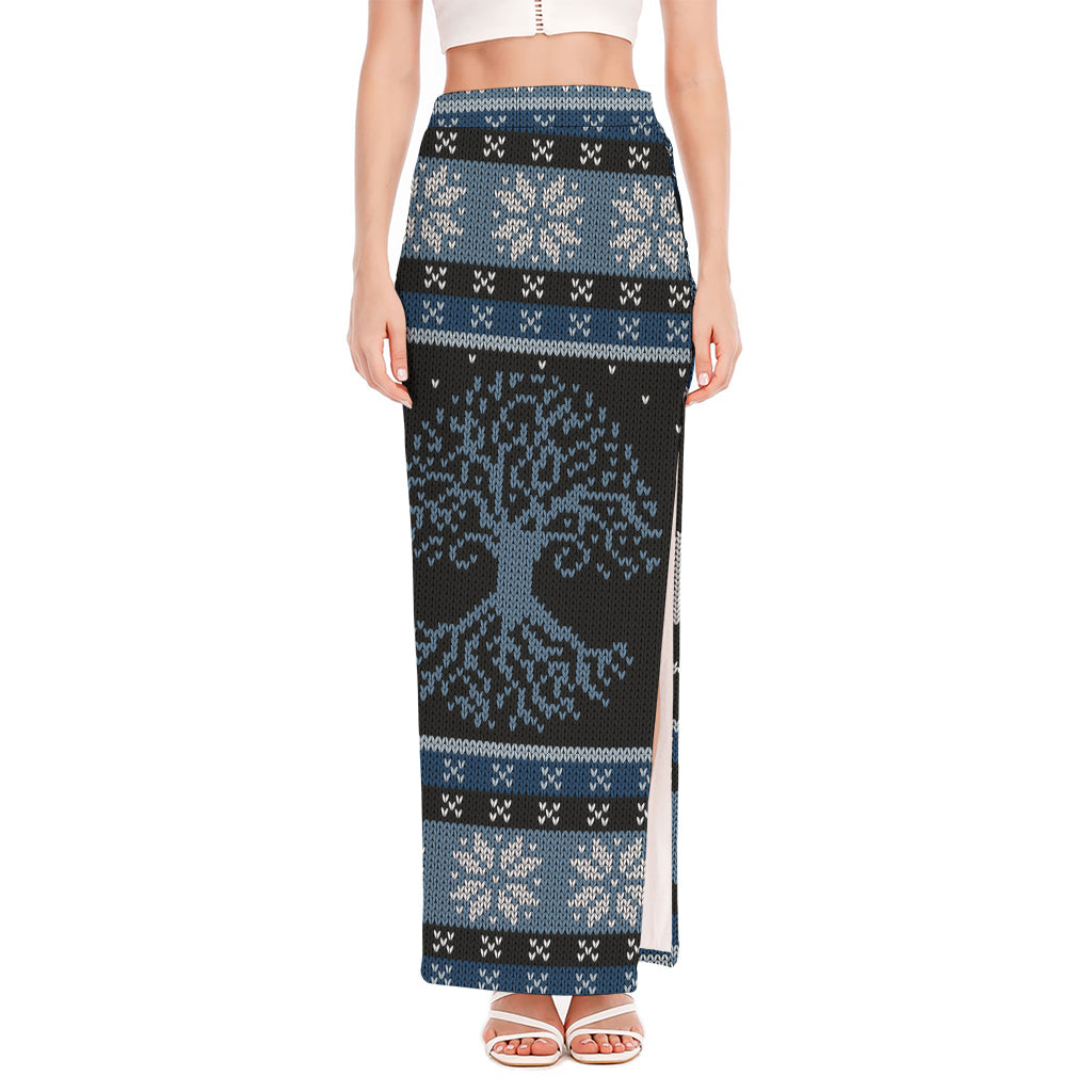 Tree Of Life And Howling Wolves Print High Slit Maxi Skirt