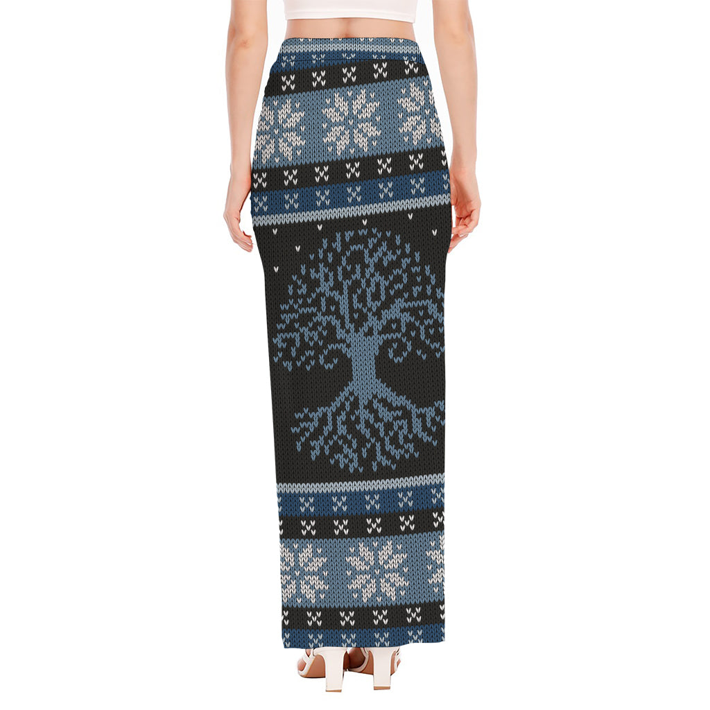 Tree Of Life And Howling Wolves Print High Slit Maxi Skirt