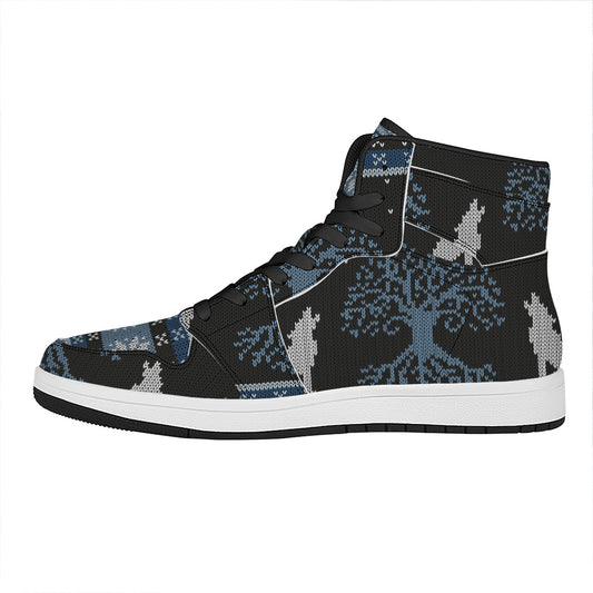 Tree Of Life And Howling Wolves Print High Top Leather Sneakers