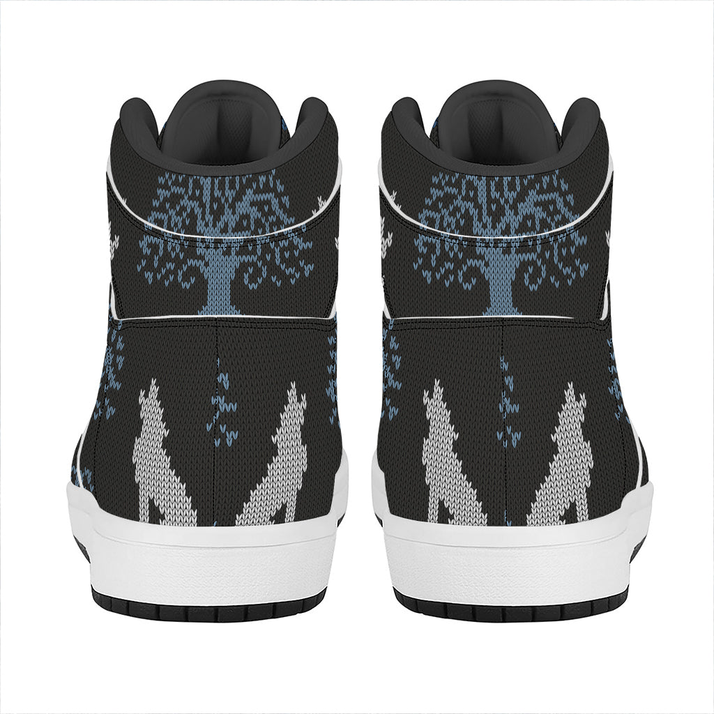 Tree Of Life And Howling Wolves Print High Top Leather Sneakers