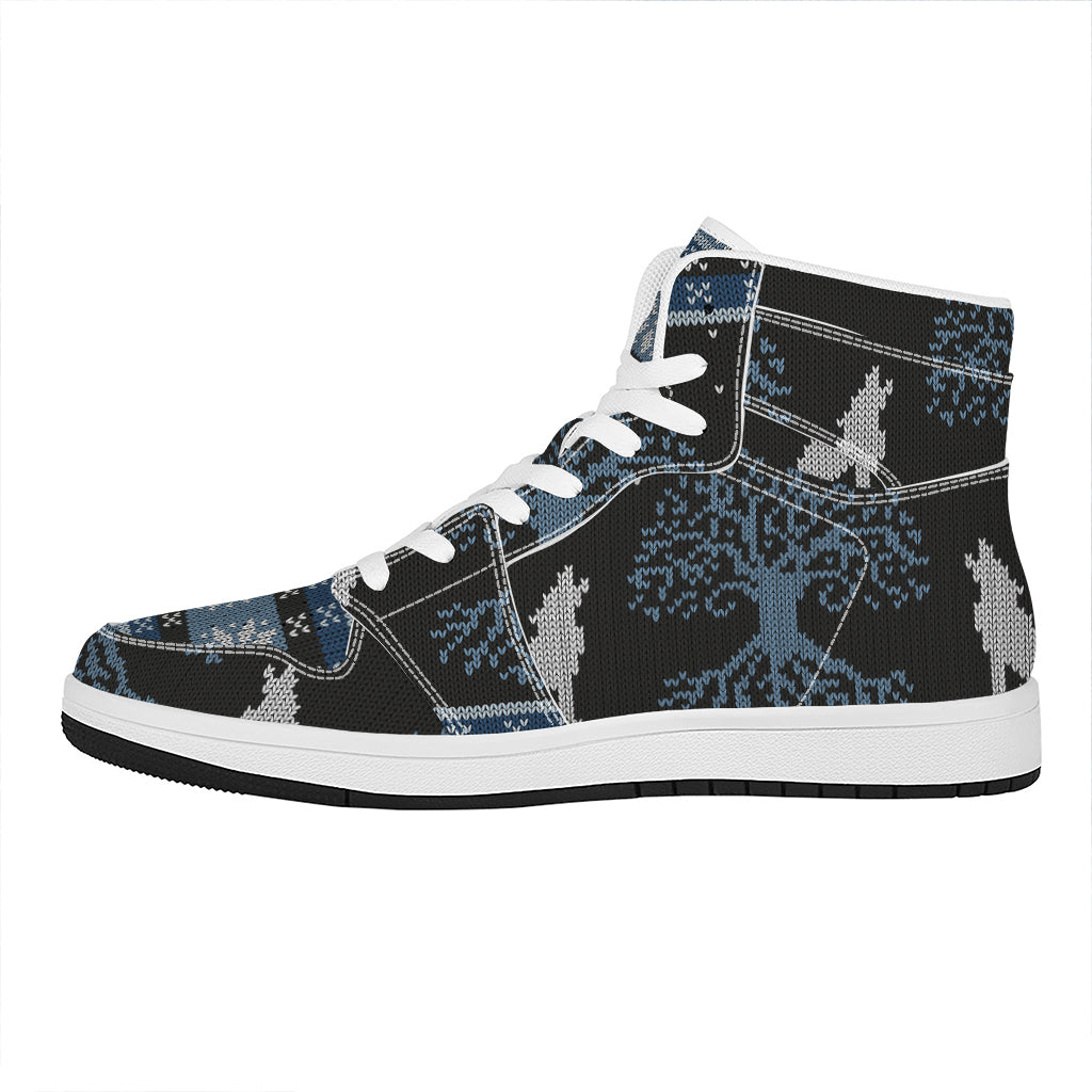 Tree Of Life And Howling Wolves Print High Top Leather Sneakers