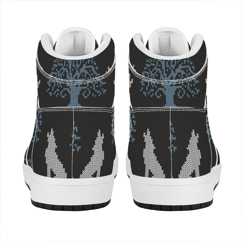 Tree Of Life And Howling Wolves Print High Top Leather Sneakers