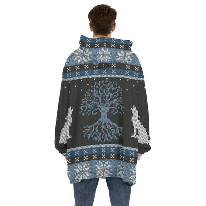 Tree Of Life And Howling Wolves Print Hoodie Blanket