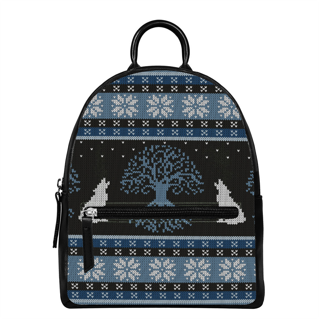 Tree Of Life And Howling Wolves Print Leather Backpack