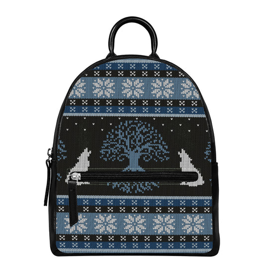 Tree Of Life And Howling Wolves Print Leather Backpack