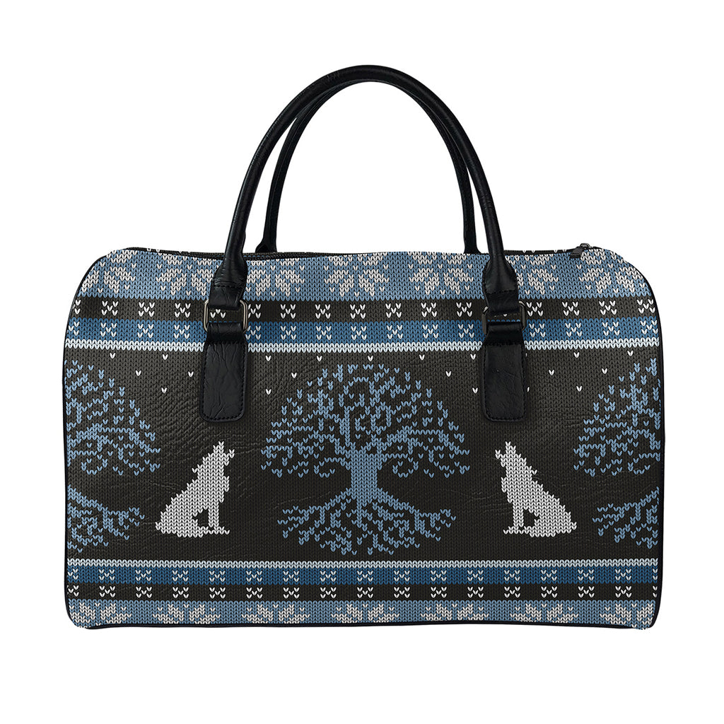 Tree Of Life And Howling Wolves Print Leather Duffle Bag