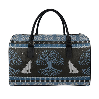 Tree Of Life And Howling Wolves Print Leather Duffle Bag