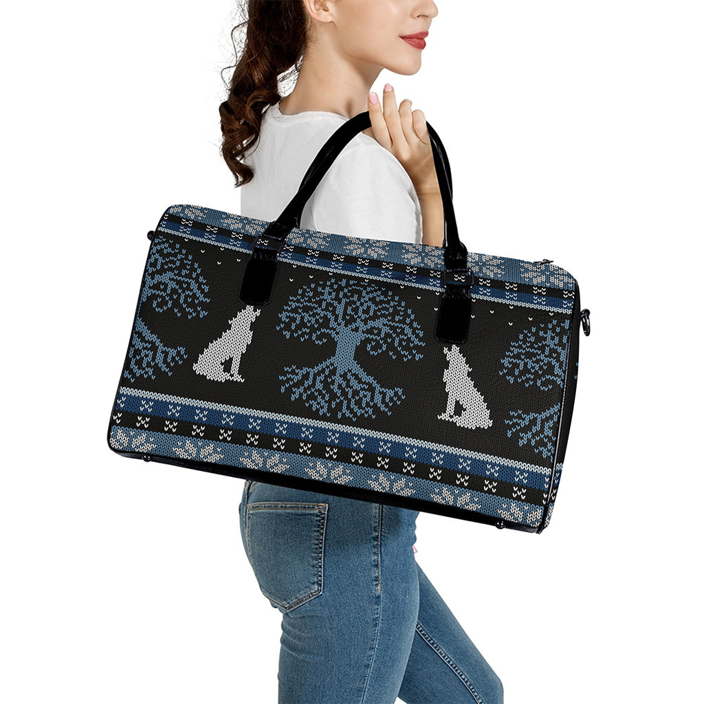 Tree Of Life And Howling Wolves Print Leather Duffle Bag