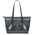 Tree Of Life And Howling Wolves Print Leather Tote Bag With Zipper