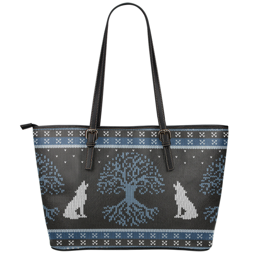 Tree Of Life And Howling Wolves Print Leather Tote Bag