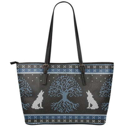 Tree Of Life And Howling Wolves Print Leather Tote Bag
