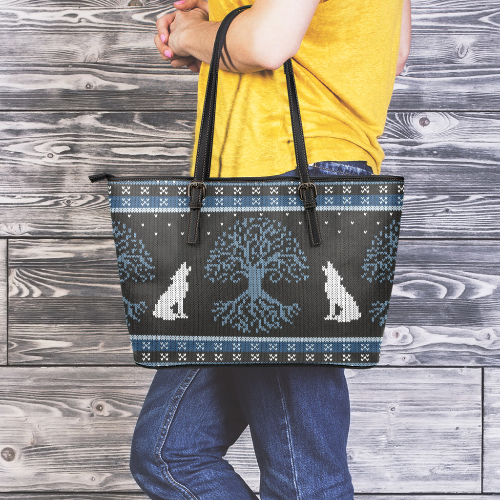 Tree Of Life And Howling Wolves Print Leather Tote Bag