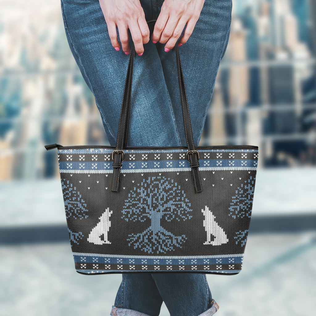 Tree Of Life And Howling Wolves Print Leather Tote Bag
