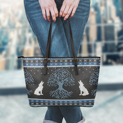 Tree Of Life And Howling Wolves Print Leather Tote Bag