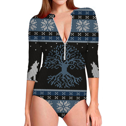 Tree Of Life And Howling Wolves Print Long Sleeve Swimsuit