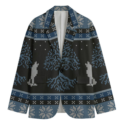 Tree Of Life And Howling Wolves Print Men's Cotton Blazer