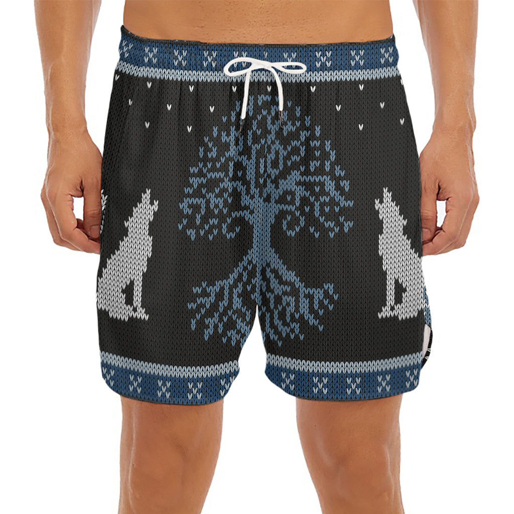 Tree Of Life And Howling Wolves Print Men's Split Running Shorts