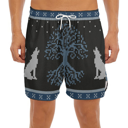 Tree Of Life And Howling Wolves Print Men's Split Running Shorts