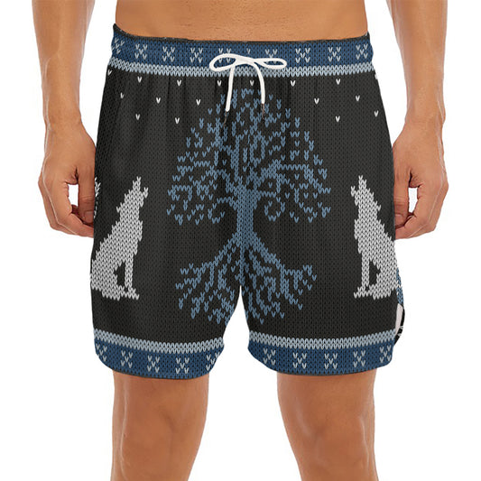 Tree Of Life And Howling Wolves Print Men's Split Running Shorts