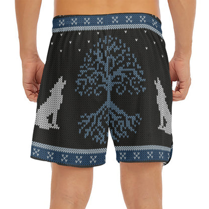 Tree Of Life And Howling Wolves Print Men's Split Running Shorts