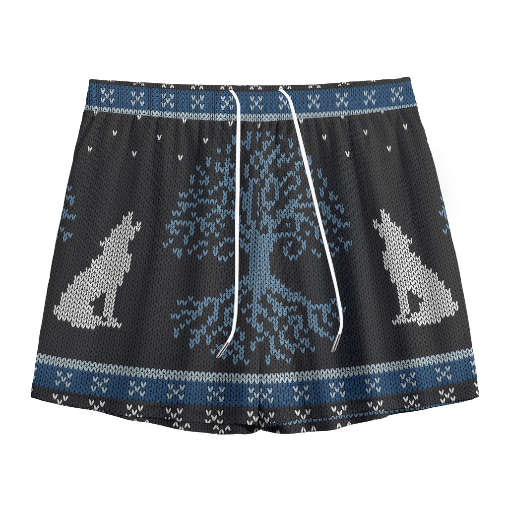 Tree Of Life And Howling Wolves Print Mesh Shorts