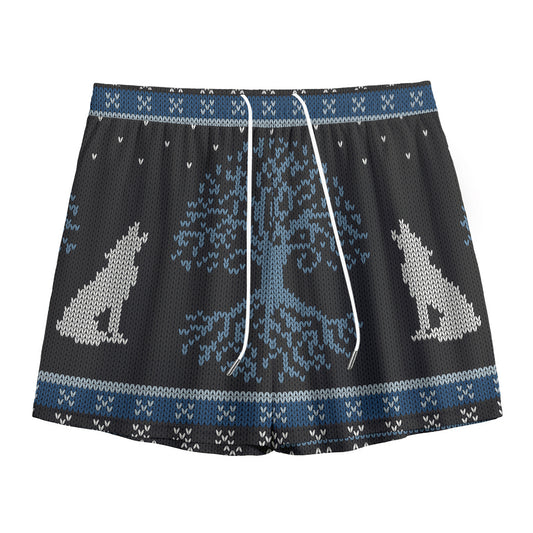 Tree Of Life And Howling Wolves Print Mesh Shorts