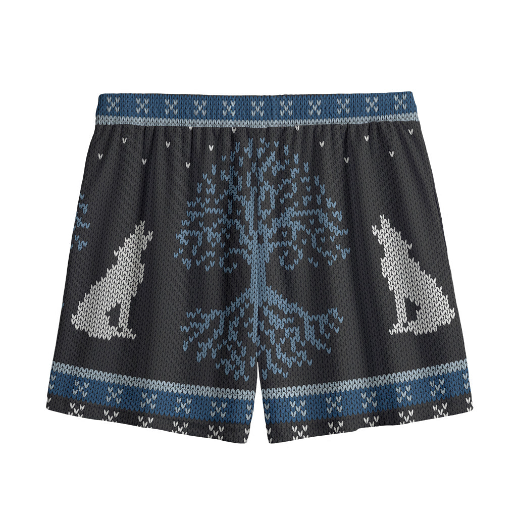 Tree Of Life And Howling Wolves Print Mesh Shorts