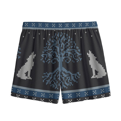 Tree Of Life And Howling Wolves Print Mesh Shorts