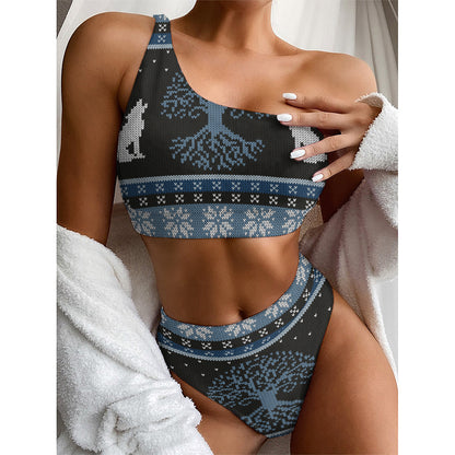Tree Of Life And Howling Wolves Print One Shoulder Bikini Top