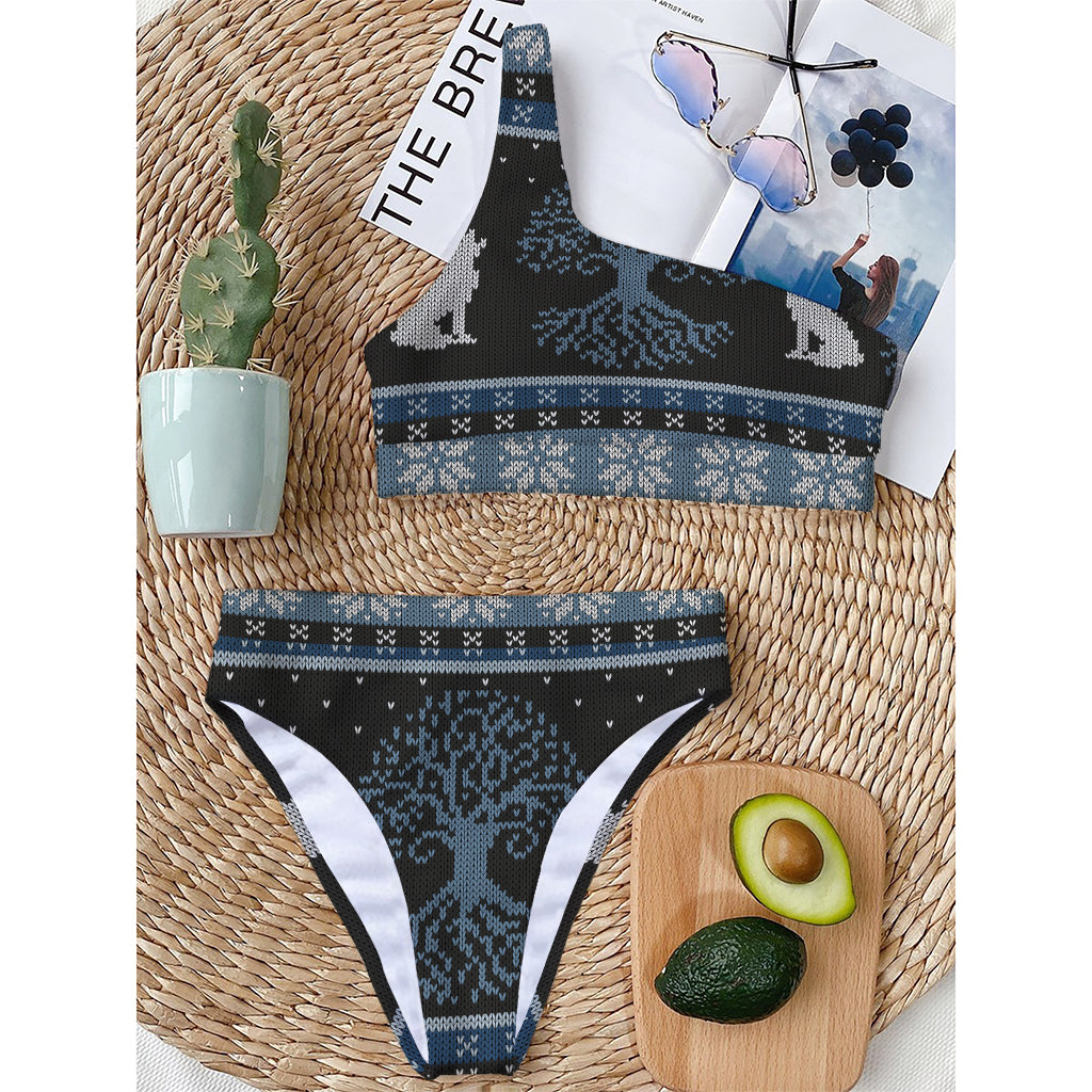 Tree Of Life And Howling Wolves Print One Shoulder Bikini Top