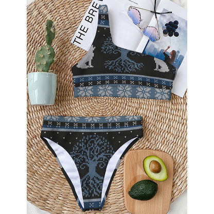 Tree Of Life And Howling Wolves Print One Shoulder Bikini Top