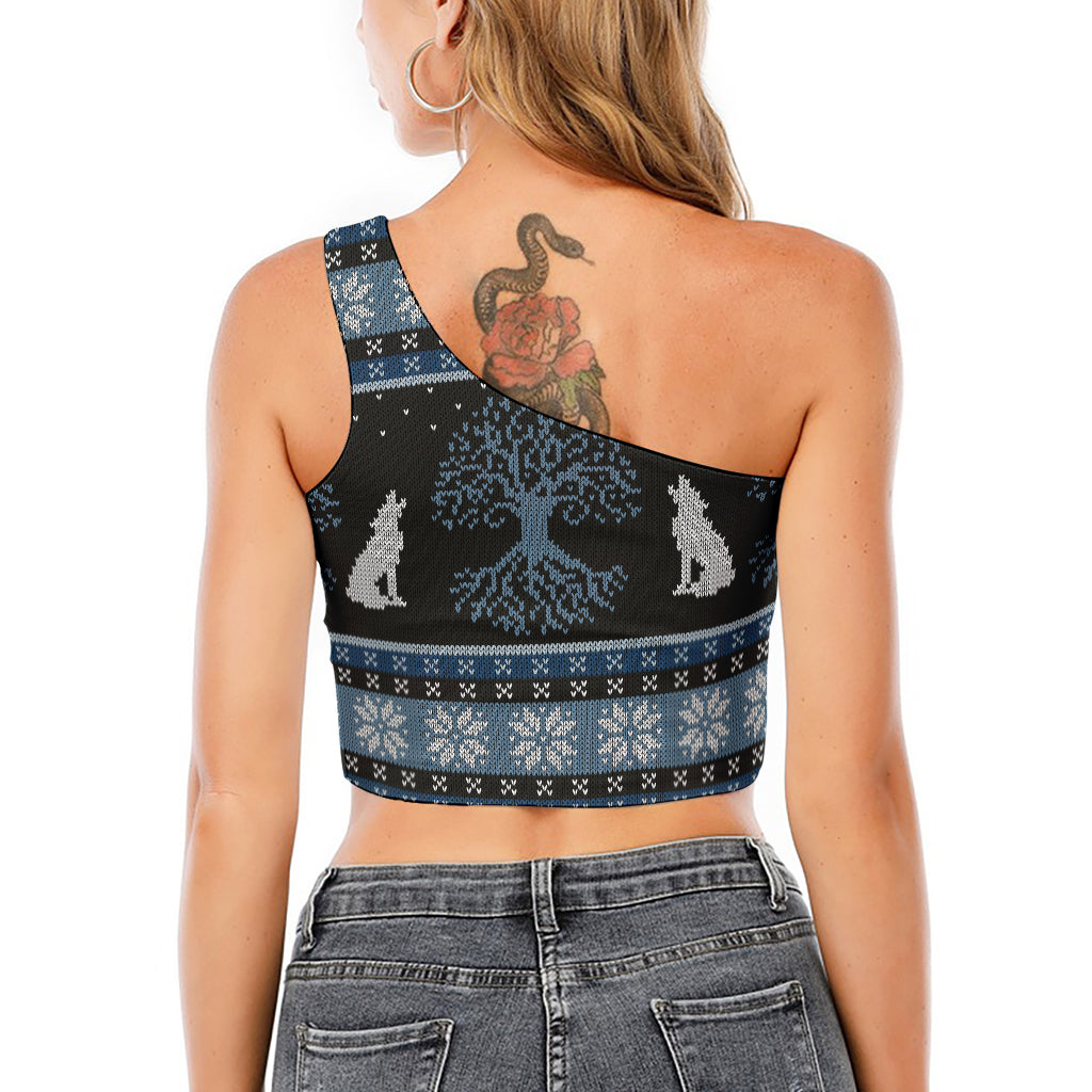 Tree Of Life And Howling Wolves Print One Shoulder Crop Top