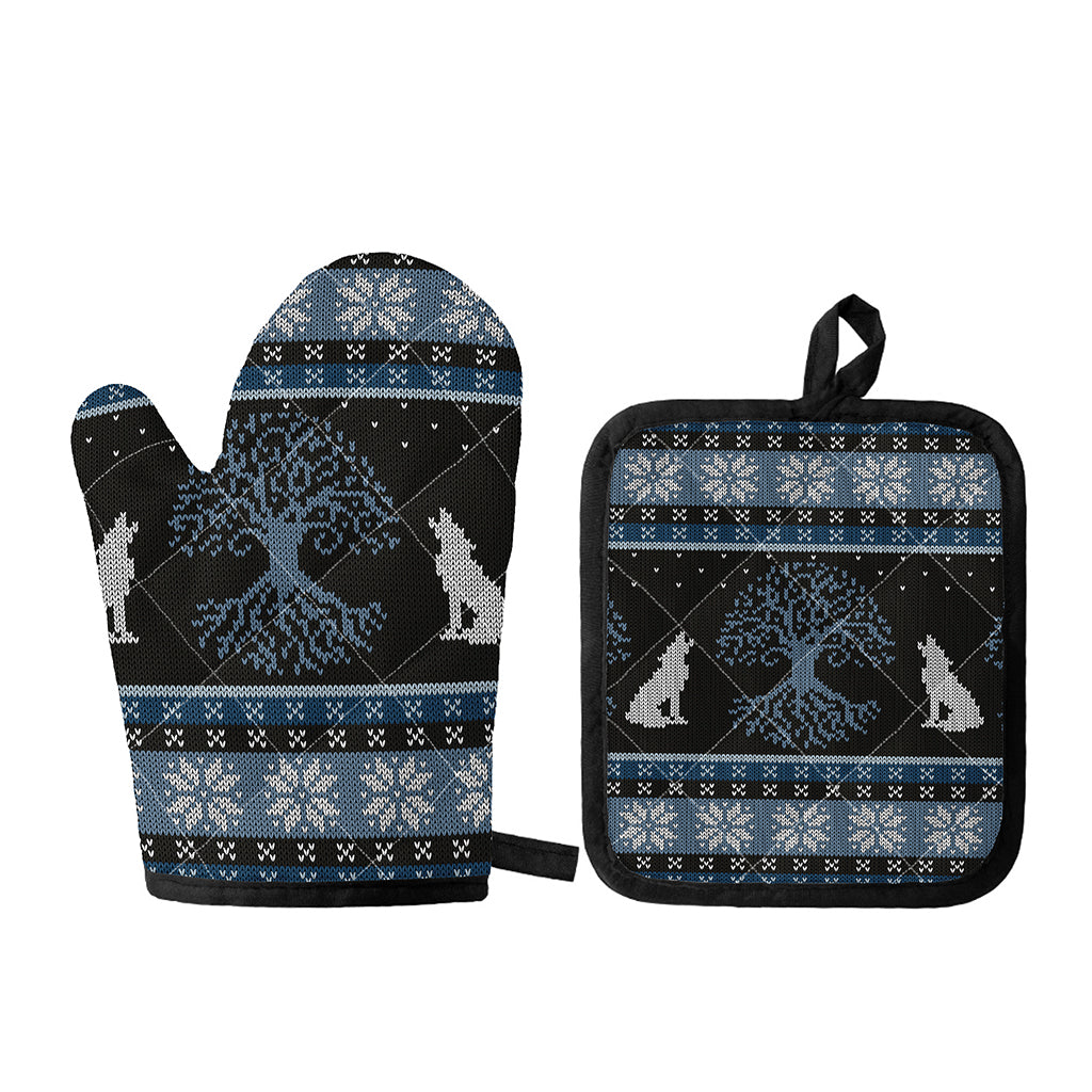 Tree Of Life And Howling Wolves Print Oven Mitt And Pot Holder Set