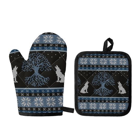 Tree Of Life And Howling Wolves Print Oven Mitt And Pot Holder Set