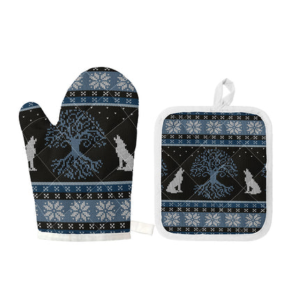 Tree Of Life And Howling Wolves Print Oven Mitt And Pot Holder Set