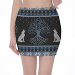Tree Of Life And Howling Wolves Print Pencil Mini Skirt